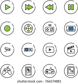 line vector icon set - play vector, fast forward, backward, pause, record, film coil, joystick wireless, game console, surveillance camera, projector, playback, movie flap, gamepad