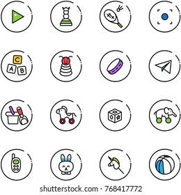 line vector icon set - play vector, chess queen, badminton, record button, abc cube, pyramid toy, tambourine, paper plane, shovel bucket, wheel horse, elephant, phone, rabbit, unicorn stick