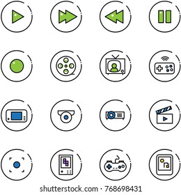 line vector icon set - play vector, fast forward, backward, pause, record, film coil, tv news, joystick wireless, game console, surveillance camera, projector, movie flap, button, gamepad