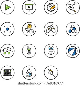 line vector icon set - play vector, presentation board, volleyball, badminton, record button, abc cube, joystick, billiards balls, elephant wheel, phone toy, rabbit, beach ball, piano, yoyo