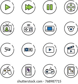 line vector icon set - play vector, fast forward, pause, film coil, tv news, joystick wireless, game console, surveillance camera, projector, playback, movie flap, gamepad