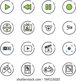line vector icon set - play vector, fast backward, pause, record, film coil, tv news, surveillance camera, projector, playback, movie flap, button, joystick, game console, gamepad