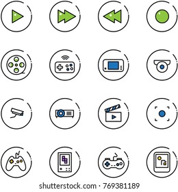 line vector icon set - play vector, fast forward, backward, record, film coil, joystick wireless, game console, surveillance camera, projector, movie flap, button, gamepad