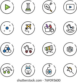 line vector icon set - play vector, chess queen, badminton, playback, record button, kite, shovel bucket, rocking horse, billiards balls, wheel, xylophone, cube toy, elephant, rabbit, yoyo