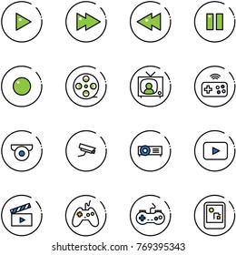line vector icon set - play vector, fast forward, backward, pause, record, film coil, tv news, joystick wireless, surveillance camera, projector, playback, movie flap, gamepad, game console