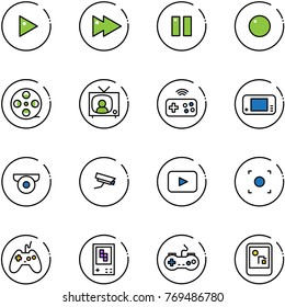 line vector icon set - play vector, fast forward, pause, record, film coil, tv news, joystick wireless, game console, surveillance camera, playback, button, gamepad