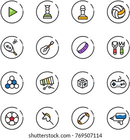 line vector icon set - play vector, chess queen, pawn, volleyball, badminton, guitar, tambourine, shovel fork toy, billiards balls, xylophone, cube, gamepad, soccer ball, unicorn stick, football