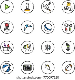 line vector icon set - play vector, pawn, badminton, abc cube, pyramid toy, boomerang, ball, shovel fork, bucket, xylophone, phone, beach, piano, unicorn stick, football