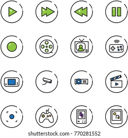 line vector icon set - play vector, fast forward, backward, pause, record, film coil, tv news, joystick wireless, game console, surveillance camera, projector, movie flap, button