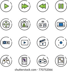 line vector icon set - play vector, fast forward, backward, pause, film coil, tv news, joystick wireless, game console, projector, playback, movie flap, record button, gamepad