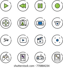 line vector icon set - play vector, fast backward, pause, record, film coil, tv news, game console, surveillance camera, playback, movie flap, button, joystick, gamepad