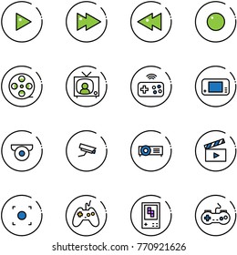 line vector icon set - play vector, fast forward, backward, record, film coil, tv news, joystick wireless, game console, surveillance camera, projector, movie flap, button, gamepad