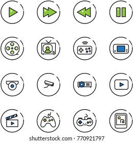 line vector icon set - play vector, fast forward, backward, pause, film coil, tv news, joystick wireless, game console, surveillance camera, projector, playback, movie flap, gamepad