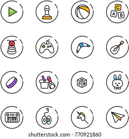 line vector icon set - play vector, pawn, ball, abc cube, pyramid toy, joystick, boomerang, guitar, tambourine, shovel bucket, rabbit, piano, yoyo, unicorn stick, paper plane
