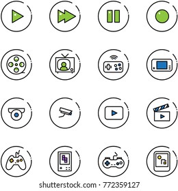 line vector icon set - play vector, fast forward, pause, record, film coil, tv news, joystick wireless, game console, surveillance camera, playback, movie flap, gamepad