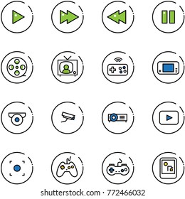 line vector icon set - play vector, fast forward, backward, pause, film coil, tv news, joystick wireless, game console, surveillance camera, projector, playback, record button, gamepad