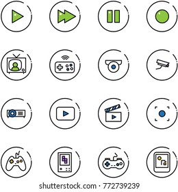 line vector icon set - play vector, fast forward, pause, record, tv news, joystick wireless, surveillance camera, projector, playback, movie flap, button, game console, gamepad
