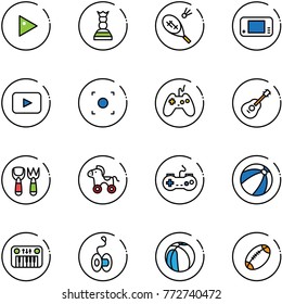 line vector icon set - play vector, chess queen, badminton, game console, playback, record button, joystick, guitar, shovel fork toy, wheel horse, gamepad, beach ball, piano, yoyo, basketball