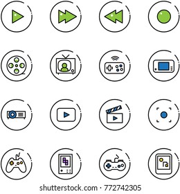 line vector icon set - play vector, fast forward, backward, record, film coil, tv news, joystick wireless, game console, projector, playback, movie flap, button, gamepad