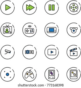 line vector icon set - play vector, fast forward, pause, film coil, tv news, joystick wireless, game console, surveillance camera, projector, playback, movie flap, record button