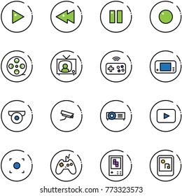 line vector icon set - play vector, fast backward, pause, record, film coil, tv news, joystick wireless, game console, surveillance camera, projector, playback, button