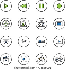 line vector icon set - play vector, fast backward, pause, record, film coil, tv news, joystick wireless, game console, surveillance camera, projector, playback, movie flap, button, gamepad