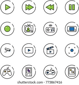 line vector icon set - play vector, fast forward, backward, pause, record, tv news, joystick wireless, game console, surveillance camera, playback, movie flap, button, gamepad