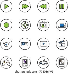 line vector icon set - play vector, fast forward, backward, pause, record, film coil, tv news, game console, surveillance camera, projector, playback, movie flap, joystick, gamepad