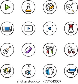 line vector icon set - play vector, pawn, volleyball, badminton, game console, playback, record button, pyramid toy, guitar, tambourine, shovel fork, wheel horse, xylophone, yoyo, basketball