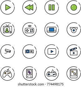 line vector icon set - play vector, fast backward, pause, record, tv news, joystick wireless, game console, surveillance camera, projector, playback, movie flap, gamepad