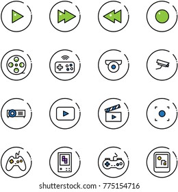 line vector icon set - play vector, fast forward, backward, record, film coil, joystick wireless, surveillance camera, projector, playback, movie flap, button, game console, gamepad