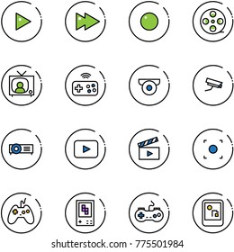 line vector icon set - play vector, fast forward, record, film coil, tv news, joystick wireless, surveillance camera, projector, playback, movie flap, button, game console, gamepad