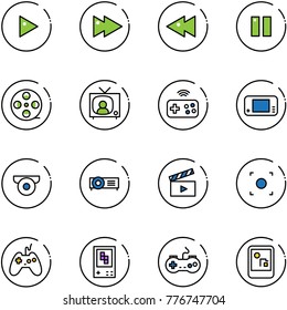 line vector icon set - play vector, fast forward, backward, pause, film coil, tv news, joystick wireless, game console, surveillance camera, projector, movie flap, record button, gamepad