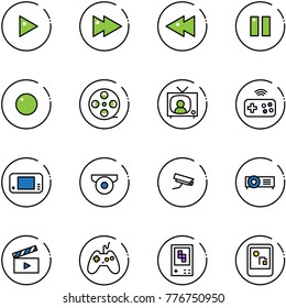line vector icon set - play vector, fast forward, backward, pause, record, film coil, tv news, joystick wireless, game console, surveillance camera, projector, movie flap