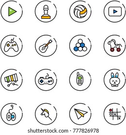 line vector icon set - play vector, pawn, volleyball, playback, joystick, guitar, billiards balls, wheel horse, xylophone, gamepad, phone toy, rabbit, yoyo, unicorn stick, paper plane, Tic tac toe