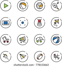 line vector icon set - play vector, ball, volleyball, badminton, game console, record button, pyramid toy, kite, wheel horse, xylophone, elephant, beach, unicorn stick, paper plane, football