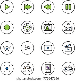 line vector icon set - play vector, fast forward, backward, pause, record, film coil, tv news, joystick wireless, surveillance camera, playback, movie flap, button, game console, gamepad