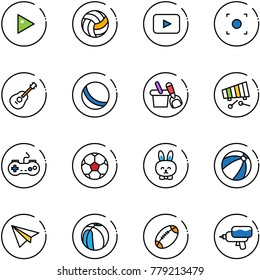 line vector icon set - play vector, volleyball, playback, record button, guitar, ball, shovel bucket, xylophone, gamepad, soccer, toy rabbit, beach, paper plane, basketball, football, water gun