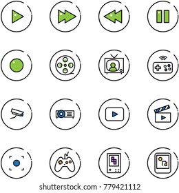 line vector icon set - play vector, fast forward, backward, pause, record, film coil, tv news, joystick wireless, surveillance camera, projector, playback, movie flap, button, game console