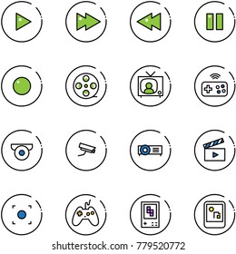 line vector icon set - play vector, fast forward, backward, pause, record, film coil, tv news, joystick wireless, surveillance camera, projector, movie flap, button, game console