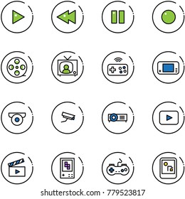 line vector icon set - play vector, fast backward, pause, record, film coil, tv news, joystick wireless, game console, surveillance camera, projector, playback, movie flap, gamepad