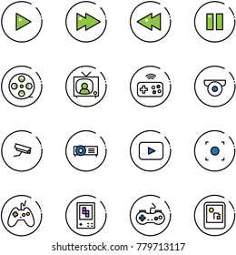 line vector icon set - play vector, fast forward, backward, pause, film coil, tv news, joystick wireless, surveillance camera, projector, playback, record button, game console, gamepad