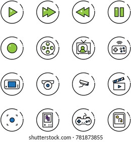 line vector icon set - play vector, fast forward, backward, pause, record, film coil, tv news, joystick wireless, game console, surveillance camera, movie flap, button, gamepad