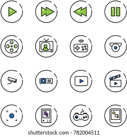 line vector icon set - play vector, fast forward, backward, pause, film coil, tv news, joystick wireless, surveillance camera, projector, playback, movie flap, record button, game console, gamepad