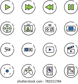 line vector icon set - play vector, fast forward, backward, pause, film coil, tv news, joystick wireless, game console, surveillance camera, projector, playback, movie flap, record button