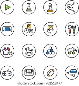 line vector icon set - play vector, chess queen, pawn, badminton, game console, abc cube, kite, shovel fork toy, bucket, rocking horse, billiards balls, elephant wheel, gamepad, piano, football