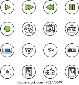 line vector icon set - play vector, fast forward, backward, pause, record, film coil, tv news, joystick wireless, game console, surveillance camera, projector, button, gamepad