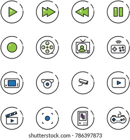 line vector icon set - play vector, fast forward, backward, pause, record, film coil, tv news, joystick wireless, game console, surveillance camera, playback, movie flap, button, gamepad