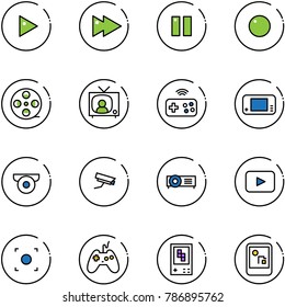 line vector icon set - play vector, fast forward, pause, record, film coil, tv news, joystick wireless, game console, surveillance camera, projector, playback, button
