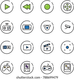 line vector icon set - play vector, fast backward, record, film coil, joystick wireless, game console, surveillance camera, projector, playback, movie flap, button, gamepad